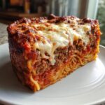 A thick, square slice of baked spaghetti pie featuring layers of pasta, meat sauce, and a generous topping of melted mozzarella cheese.
