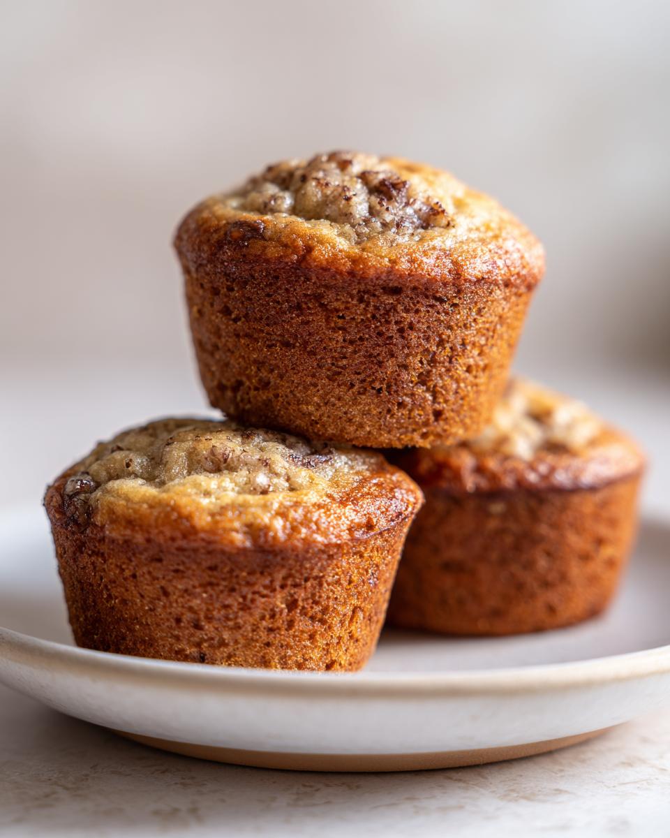 Three freshly baked banana nut muffins stacked on a light ceramic plate, showing golden brown tops.