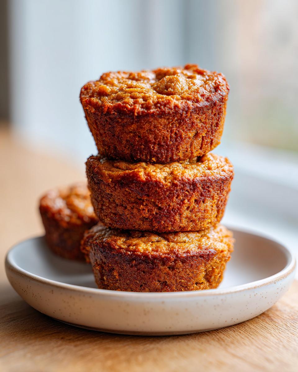 Close-up of three golden brown banana protein muffins stacked on a small speckled white plate.