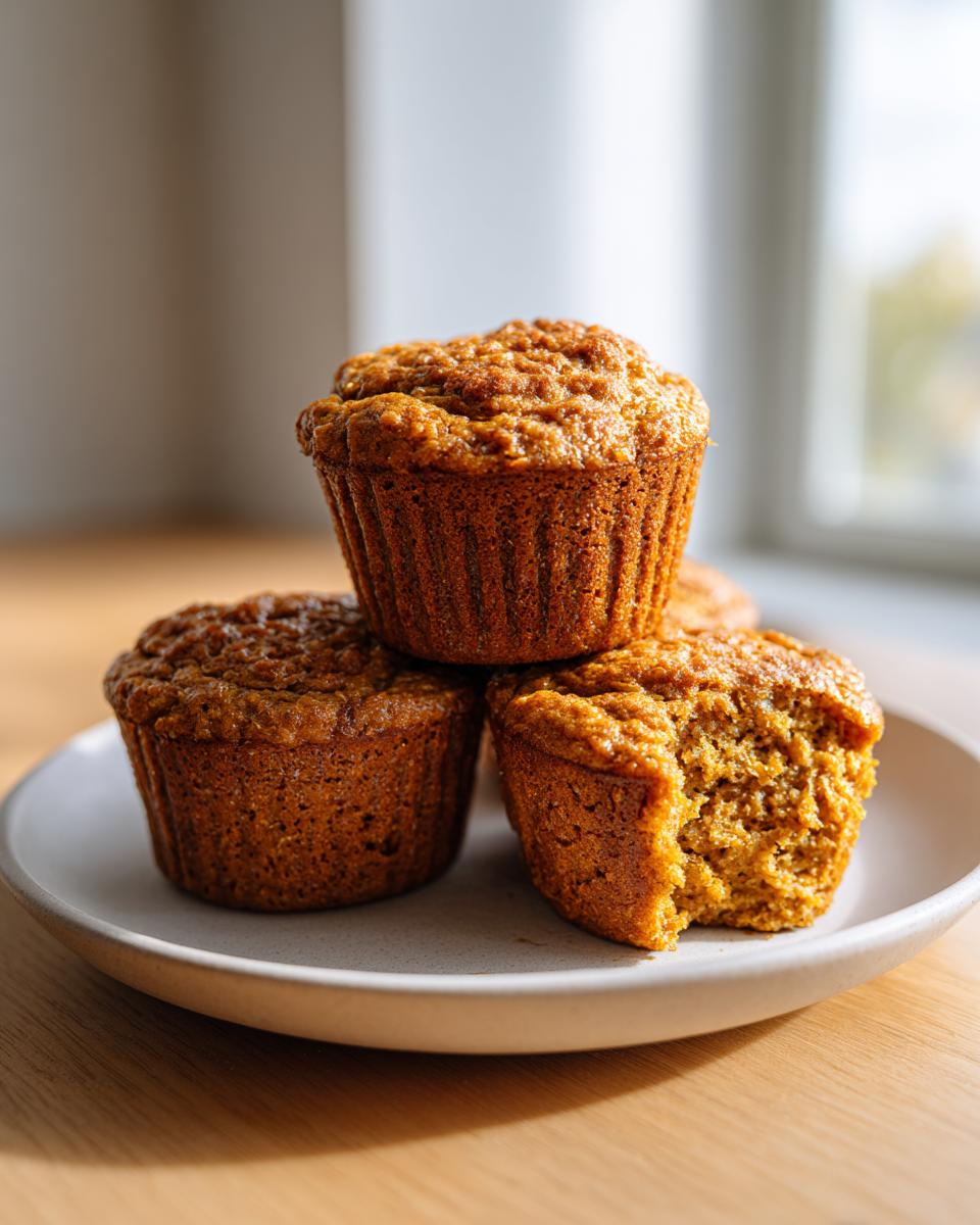 A stack of three golden brown banana protein muffins on a light plate, one muffin has a bite taken out showing the moist interior.