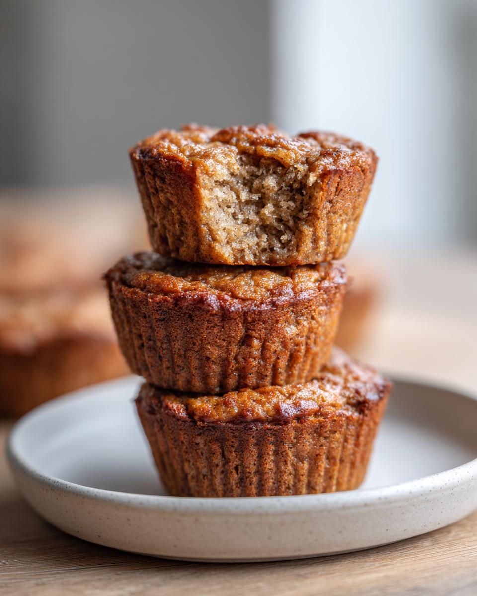 Three golden brown banana protein muffins stacked on a plate, the top one having a bite taken out showing the moist interior.