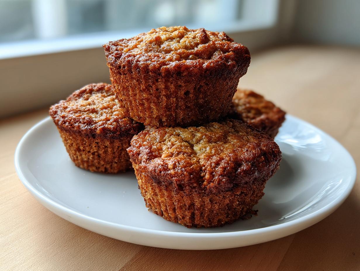 A stack of four golden-brown banana protein muffins resting on a small white plate near a window.