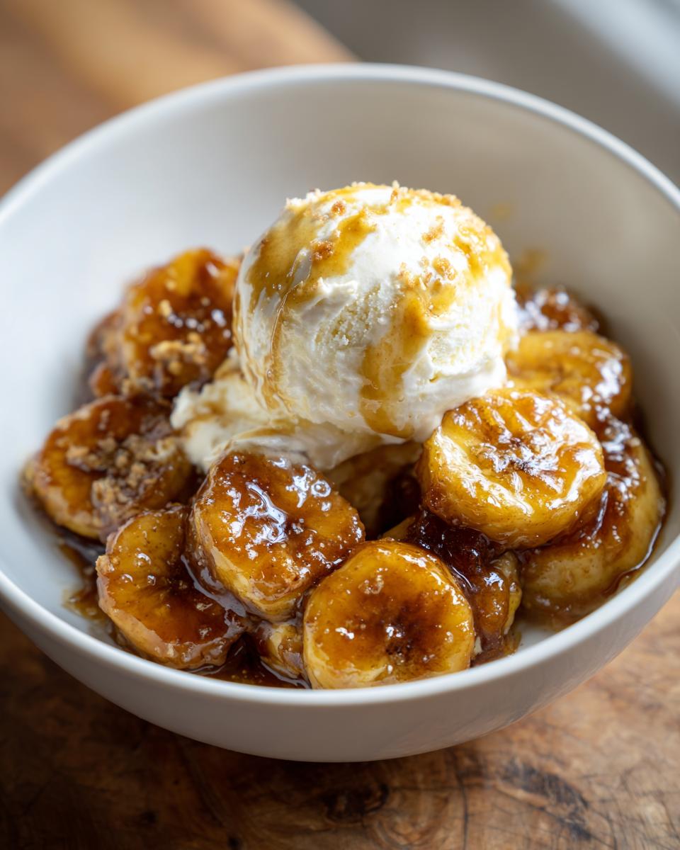 A white bowl filled with caramelized bananas in sauce, topped with a scoop of vanilla ice cream for delicious bananas foster.