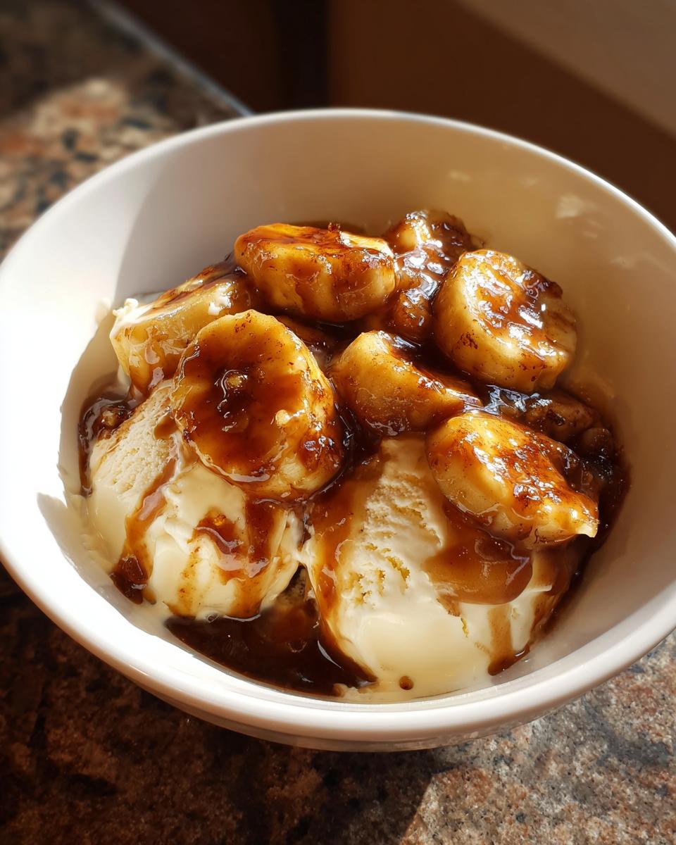 Close-up of scoops of vanilla ice cream drenched in warm caramel sauce and caramelized bananas, classic Bananas Foster.