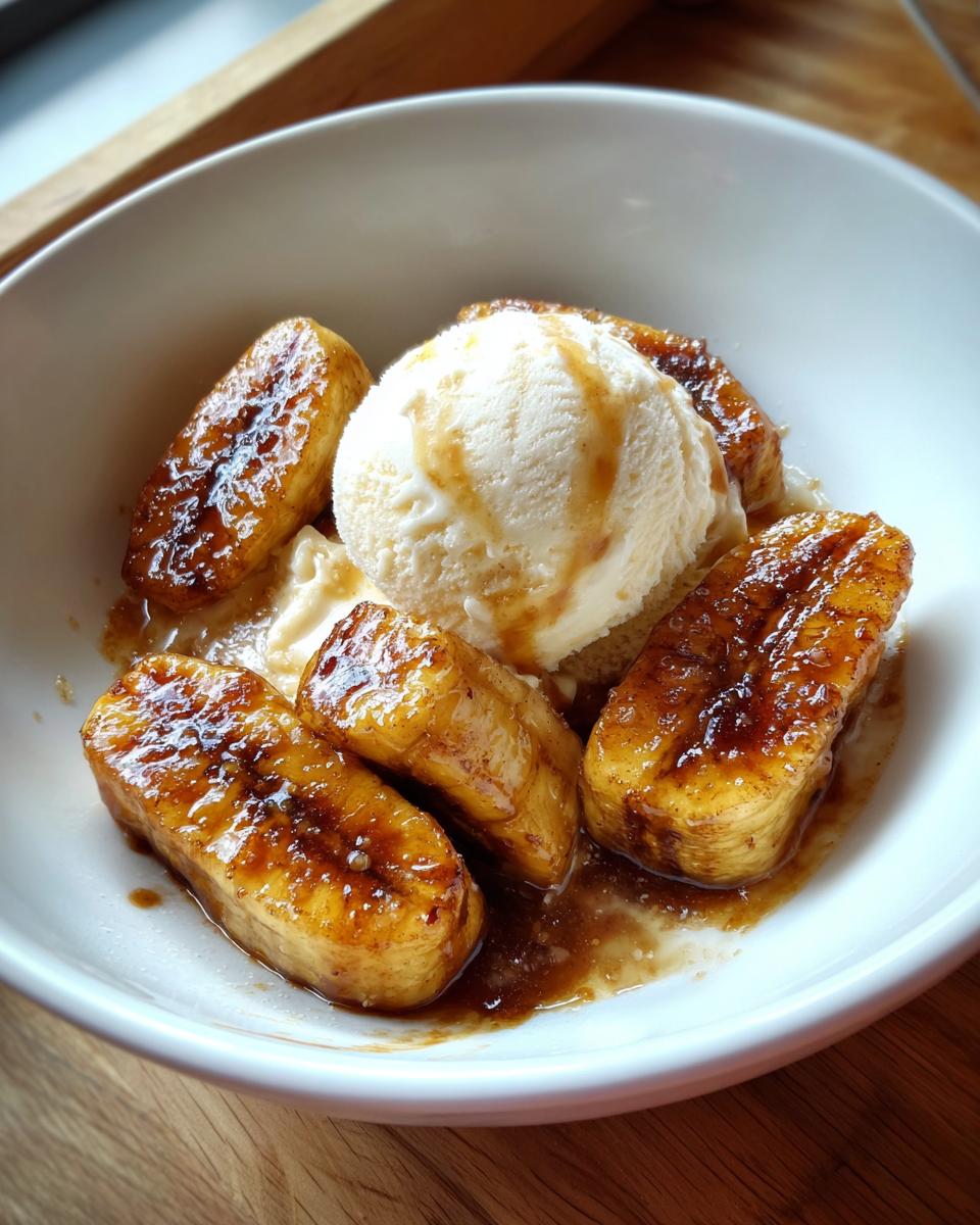 Close-up of caramelized bananas foster pieces surrounding a scoop of vanilla ice cream in a white bowl.