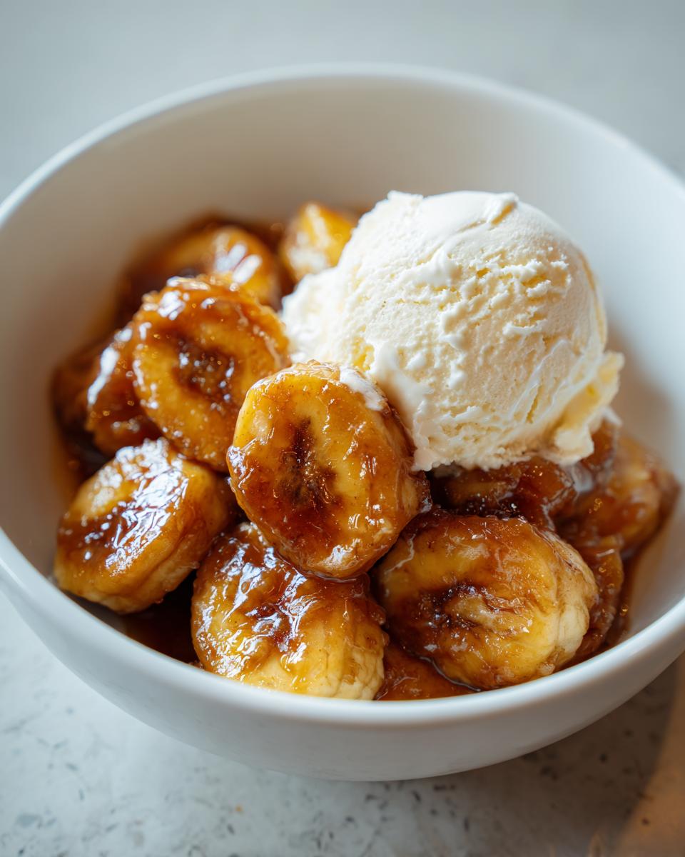 Close-up of caramelized bananas in sauce, topped with a scoop of vanilla ice cream, classic Bananas Foster dessert.