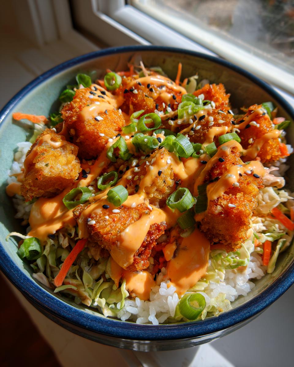 Close-up of crispy fried salmon pieces in Bang bang salmon bowls over rice and slaw, drizzled with sauce.