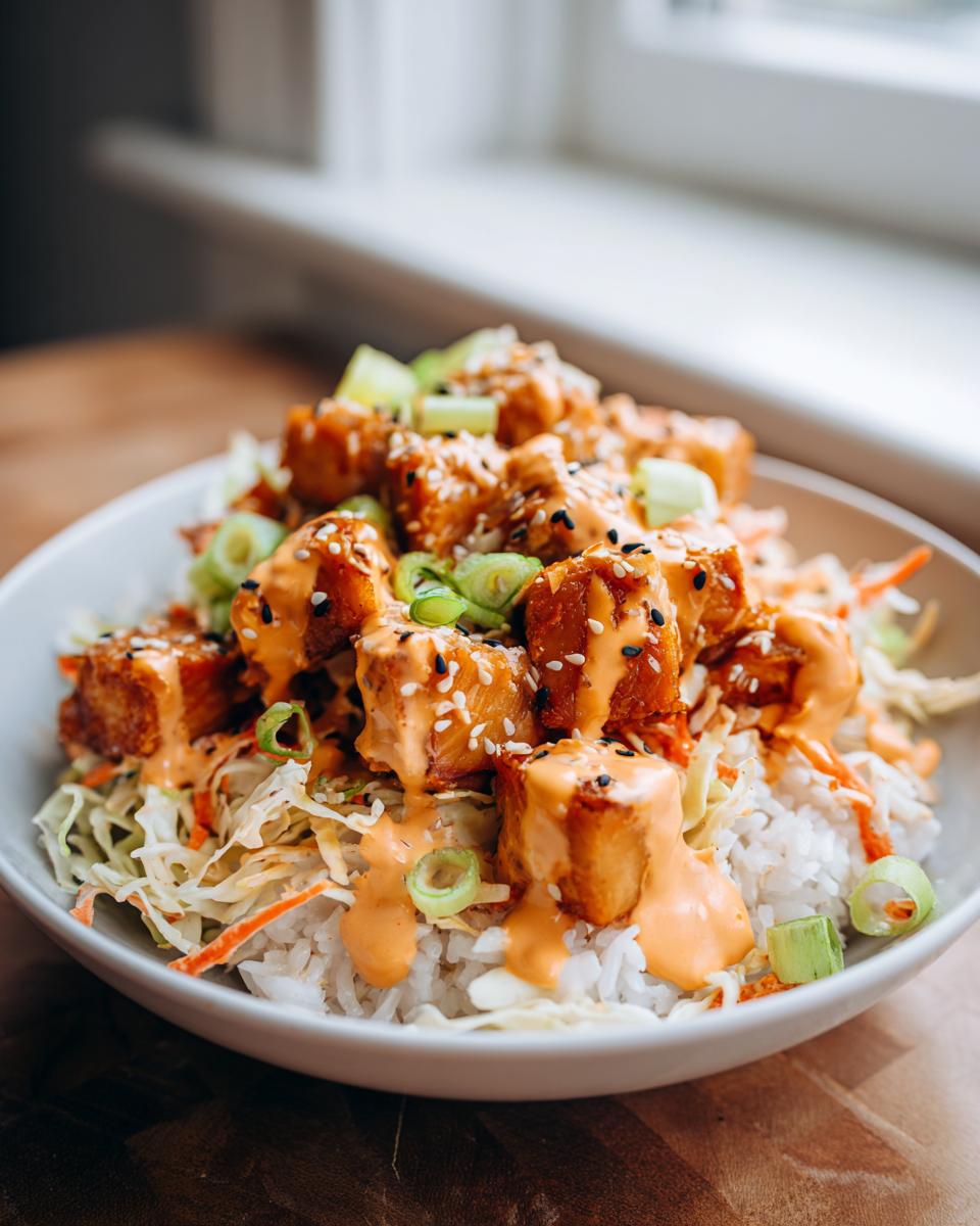 A close-up of a bowl featuring crispy salmon pieces covered in orange sauce, served over rice and shredded cabbage for amazing Bang bang salmon bowls.