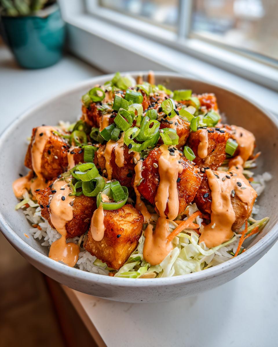 A close-up of a bowl featuring crispy pieces of salmon, rice, shredded cabbage, drizzled with creamy sauce, and topped with green onions for Bang bang salmon bowls.