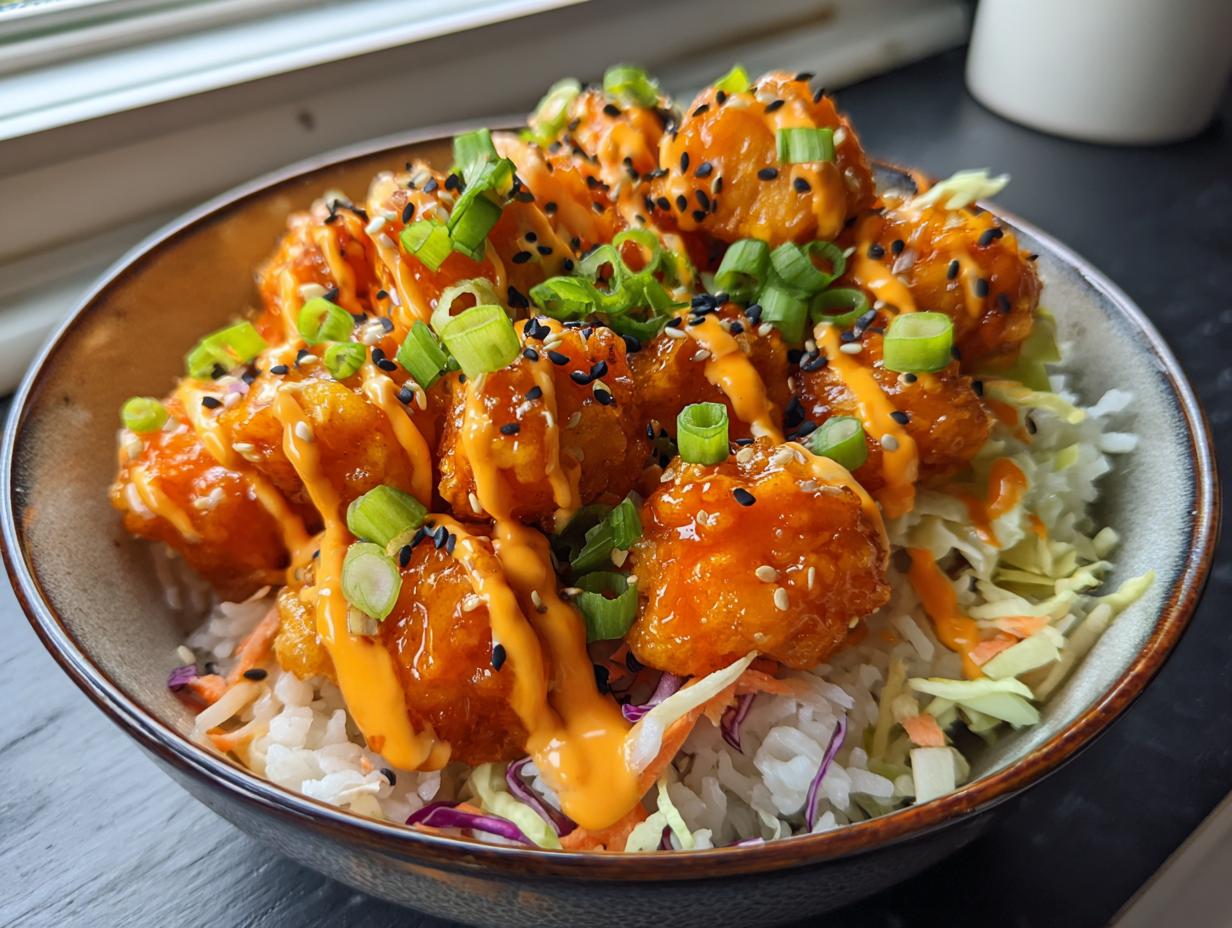 A close-up of a bowl filled with rice, shredded cabbage, and crispy Bang Bang Salmon, drizzled with orange sauce and topped with green onions.