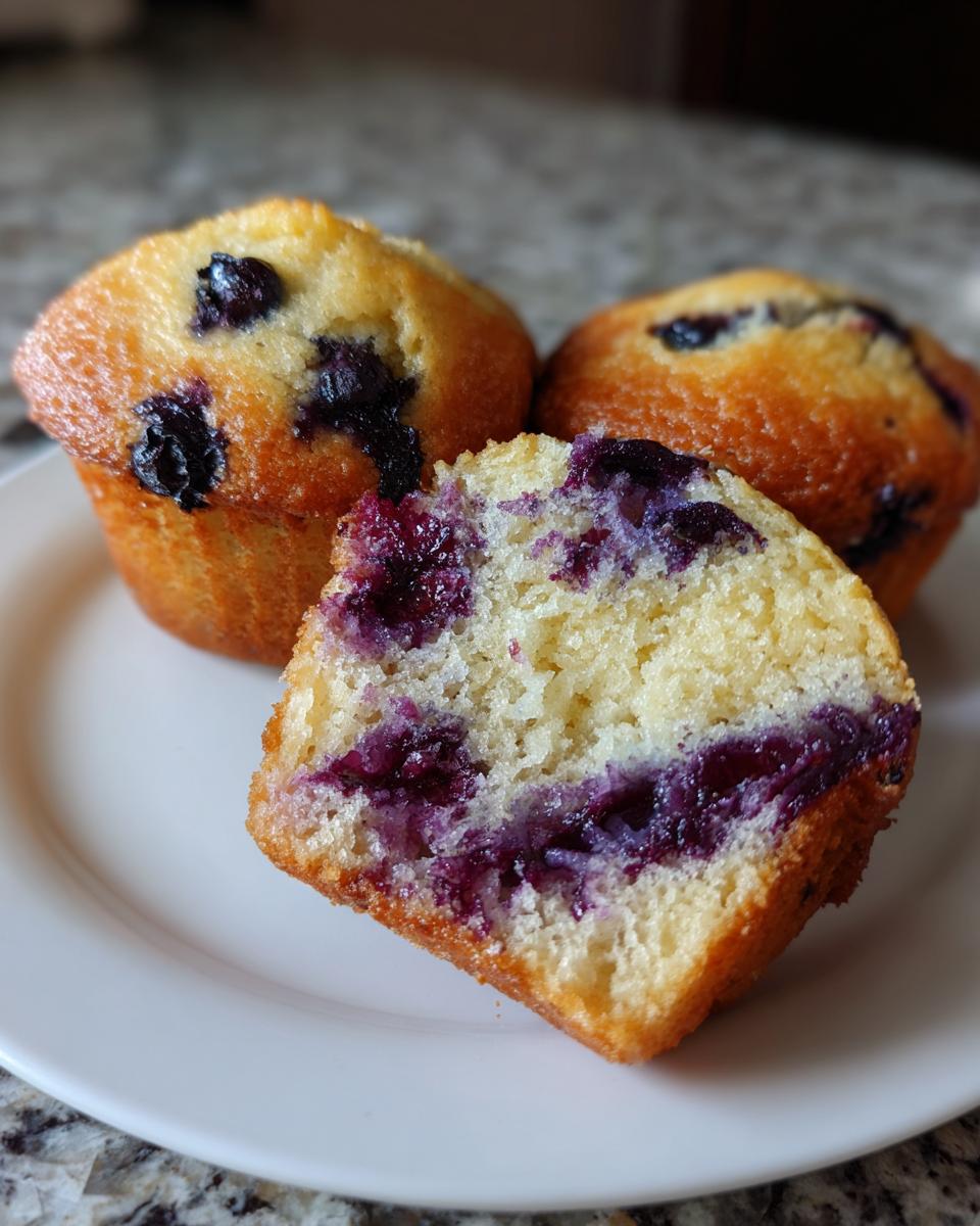 Close-up of three blueberry protein muffins, one cut in half showing the moist interior and berry filling.