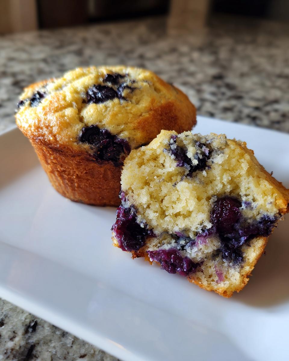 Close-up of a golden blueberry protein muffins, one whole and one cut open showing the moist interior and berries.