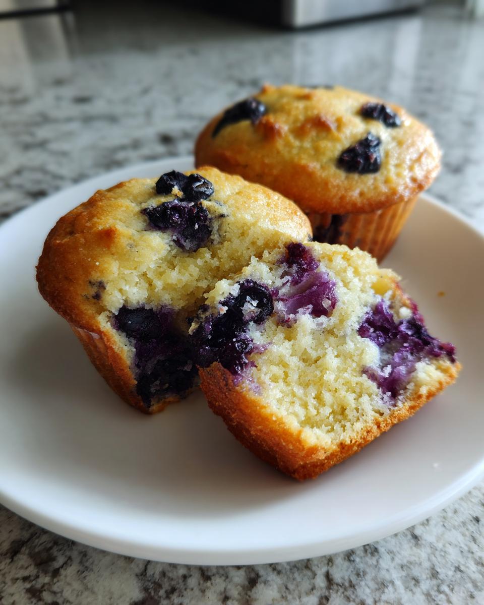 Close-up of two blueberry protein muffins on a white plate, one cut open revealing the moist interior and vibrant blueberries.