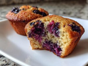 Close-up of a blueberry protein muffin cut in half, showing the moist interior packed with purple blueberries.