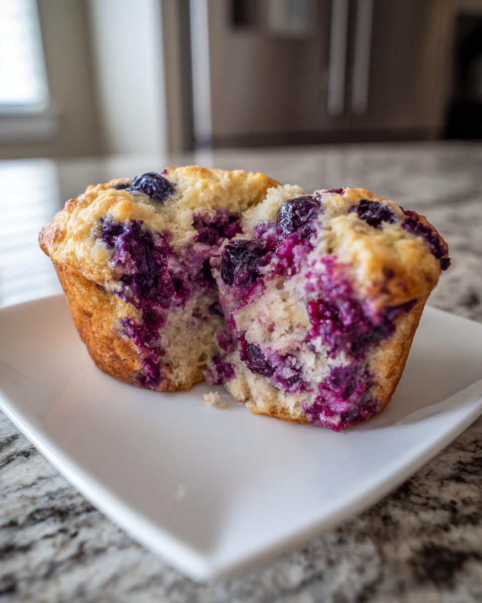 A close-up of a blueberry protein muffin cut in half, showing the moist interior packed with purple blueberries.