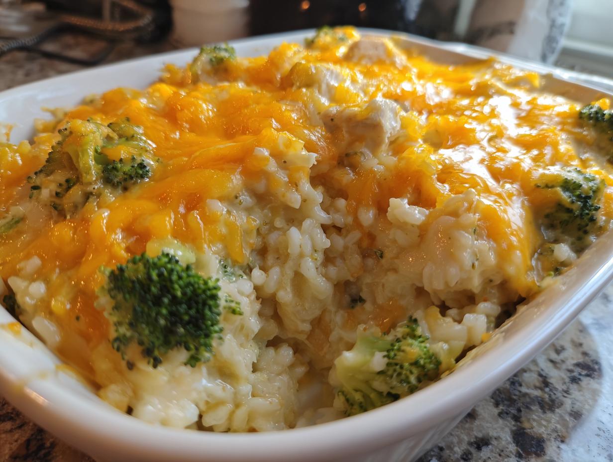 Close-up of a creamy chicken broccoli rice casserole topped with melted cheddar cheese.