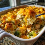A spoonful of creamy chicken broccoli rice casserole being lifted, showing melted cheddar cheese.