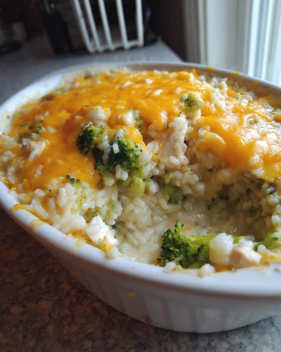 Close-up of a creamy chicken broccoli rice casserole topped with melted cheddar cheese in a white oval dish.