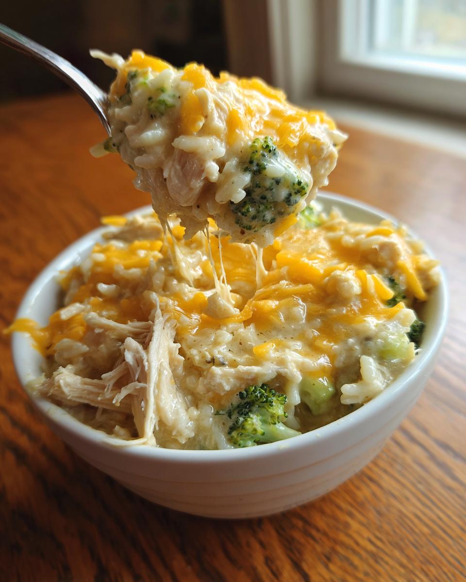 A spoonful of cheesy crock pot chicken and rice with broccoli being lifted from a white bowl.