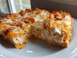 A close-up, cross-section view of a hearty Dorito Casserole slice showing layers of shredded chicken, orange sauce, and melted cheese topped with crushed chips.
