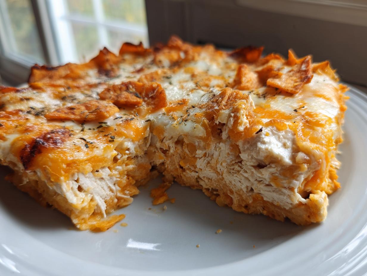 A close-up, cross-section view of a hearty Dorito Casserole slice showing layers of shredded chicken, orange sauce, and melted cheese topped with crushed chips.