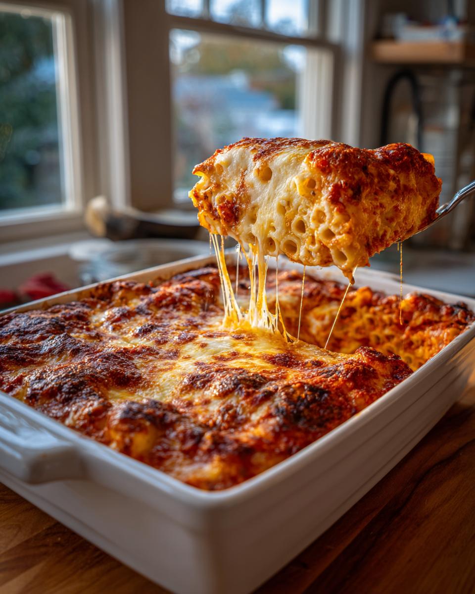 A spoonful of cheesy pasta bake is lifted from the dish, showing long, gooey cheese strings.