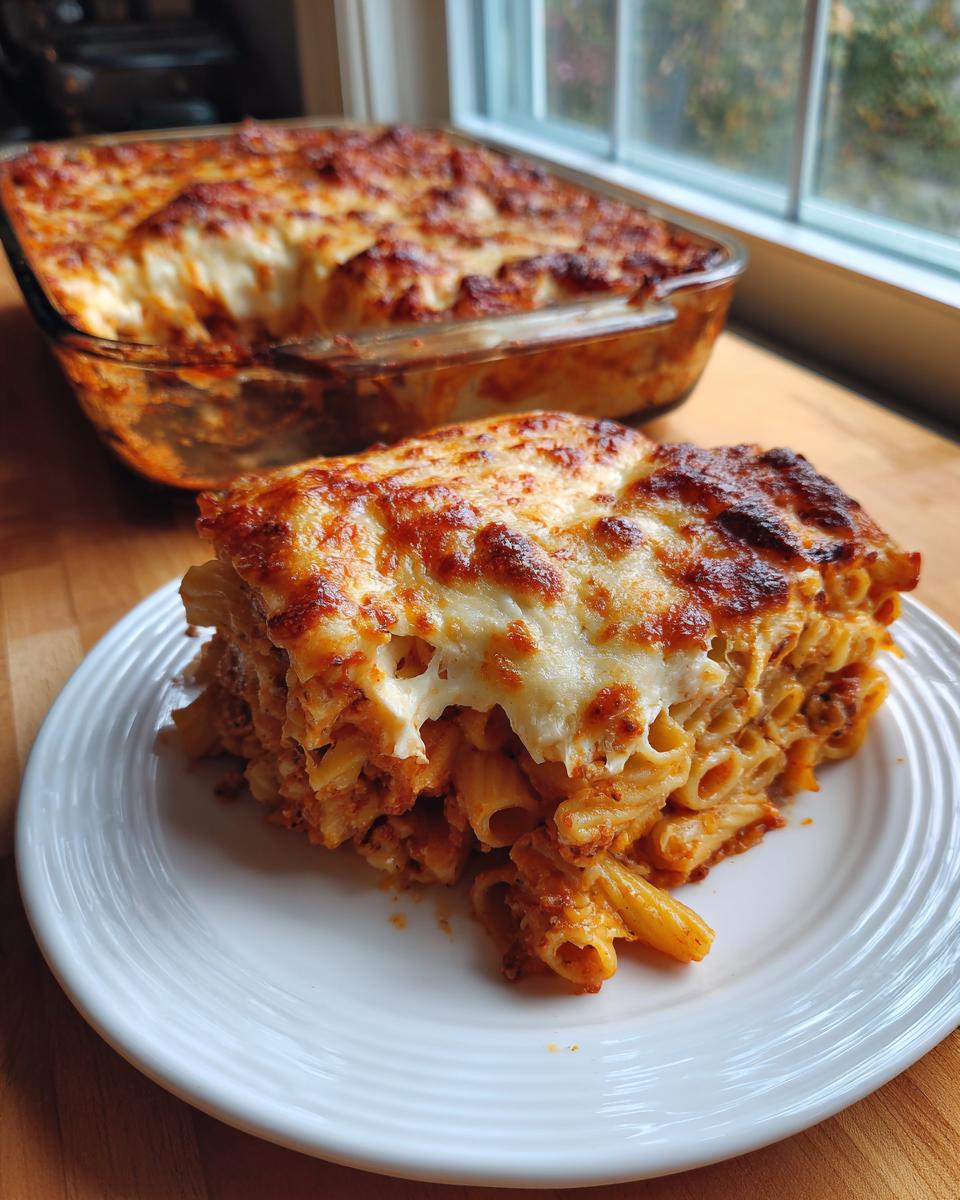 A generous serving of cheesy pasta bake on a white plate, with the rest of the pasta bake visible in a glass dish behind it.
