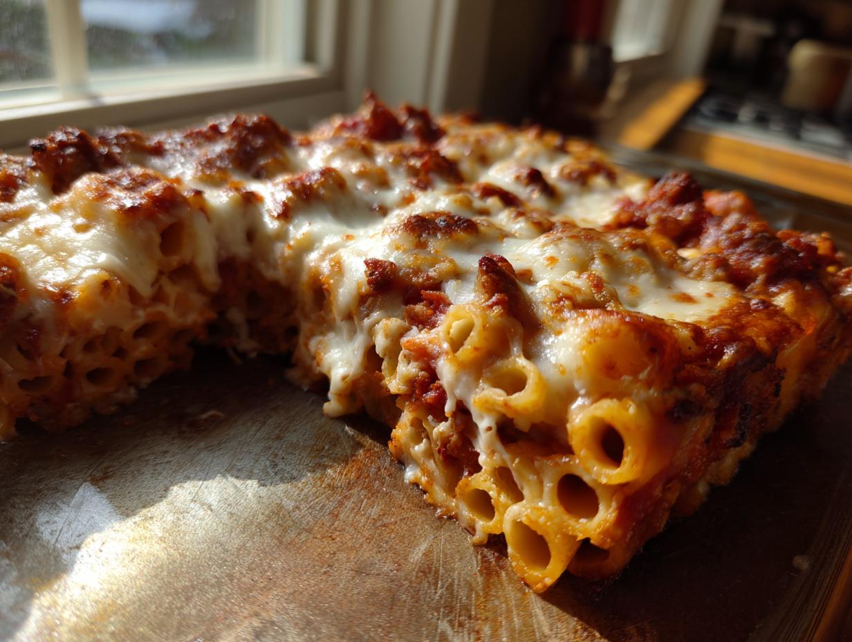 A square slice of cheesy pasta bake with melted mozzarella and rich tomato sauce, showing the tubes of pasta.