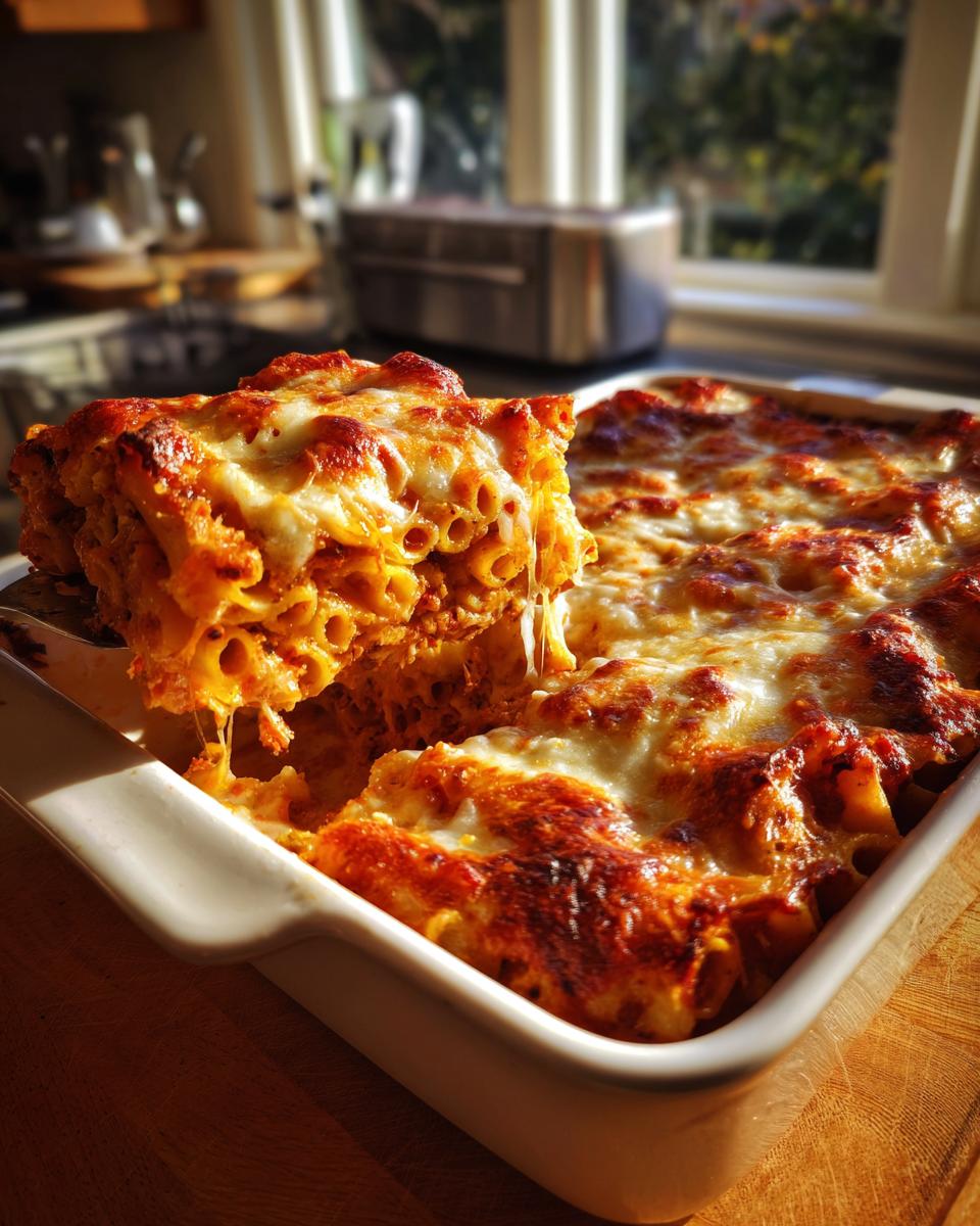 A slice of cheesy pasta bake with melted, stringy cheese being lifted from a white baking dish.