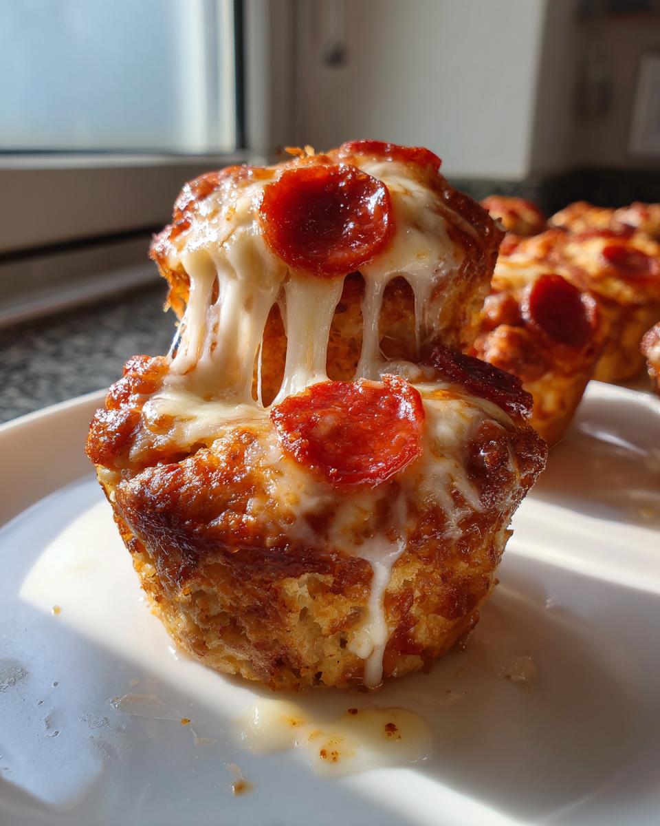 Two stacked pizza muffins topped with melted mozzarella cheese and pepperoni, showing a dramatic cheese pull.