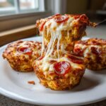 A fork lifts one of the cheesy Pizza muffins, showing long, stretchy mozzarella cheese pull over other muffins.