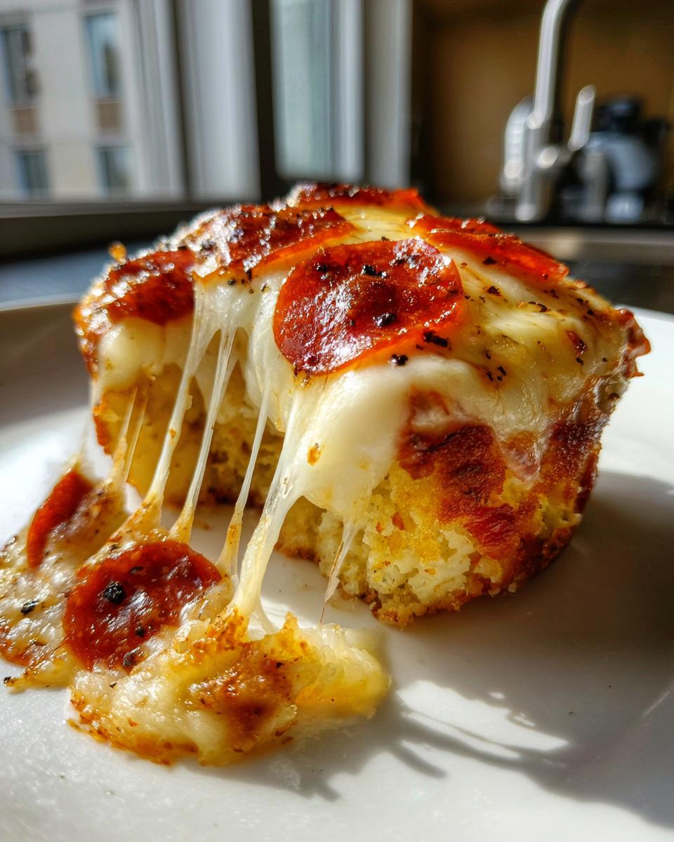 A close-up of a cheesy Pizza muffin being pulled apart, showing melted mozzarella and pepperoni on top.