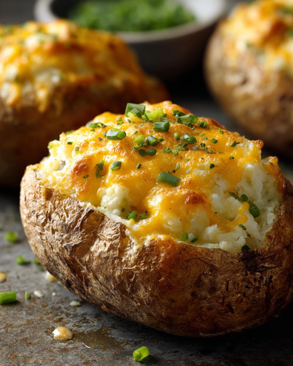 A close-up of a perfectly baked twice baked potato stuffed with creamy filling, topped with melted cheddar cheese and fresh chives.