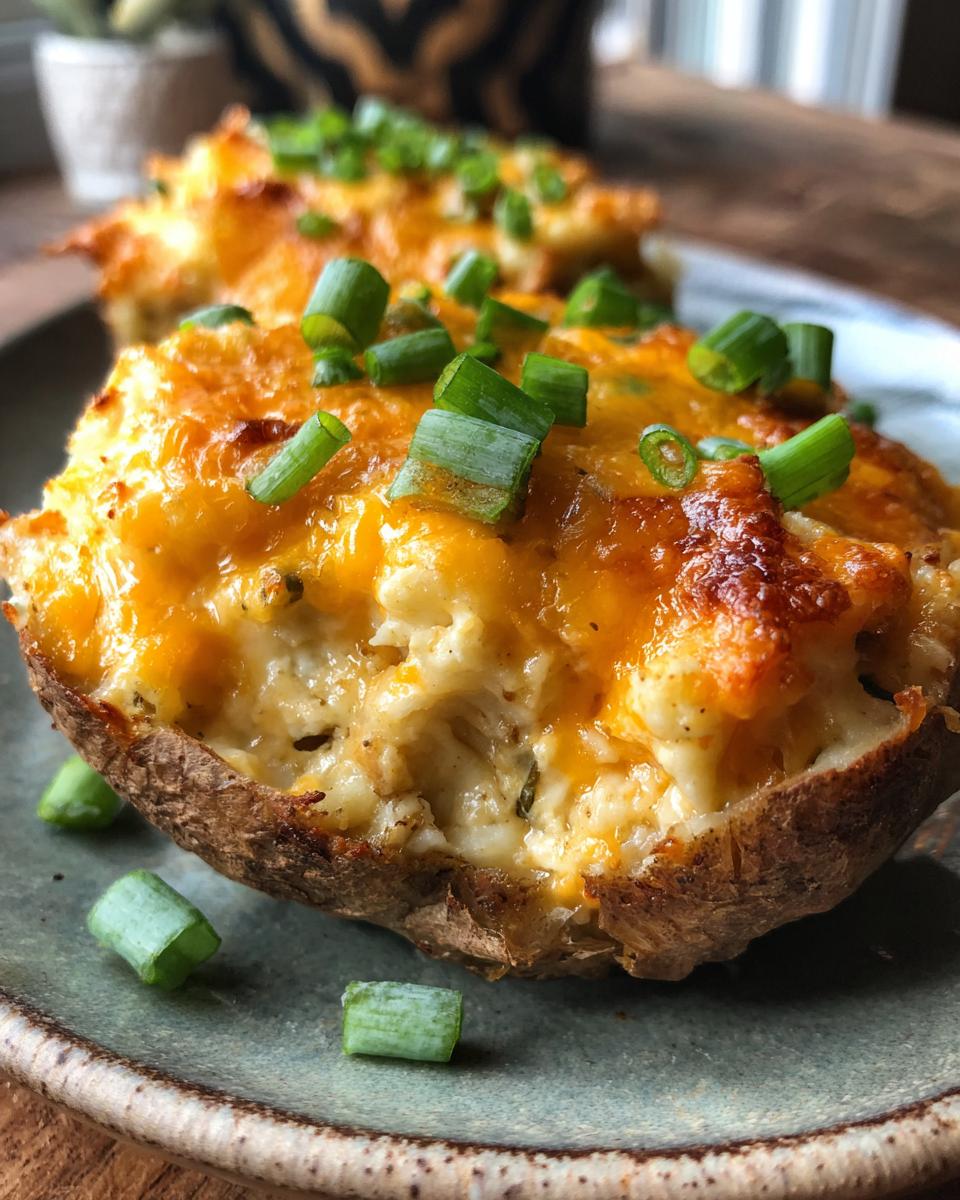 A close-up of a perfectly baked twice baked potato half, topped with melted cheddar cheese and fresh green onions.