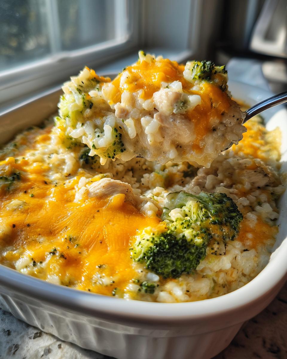 A spoonful of creamy chicken broccoli rice casserole topped with melted cheddar cheese being lifted from the baking dish.