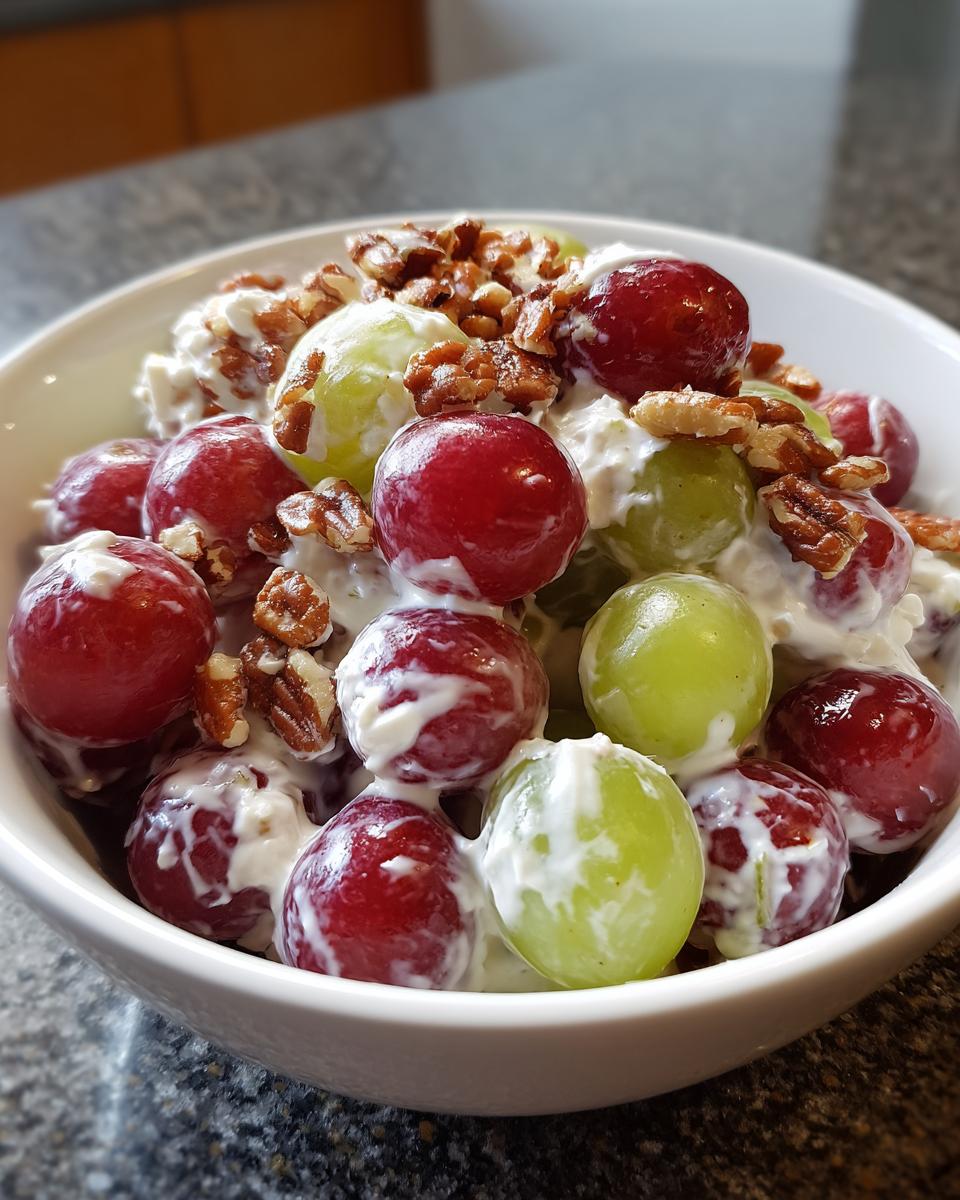 A white bowl filled with creamy chicken salad chick grape salad featuring red and green grapes and chopped pecans.
