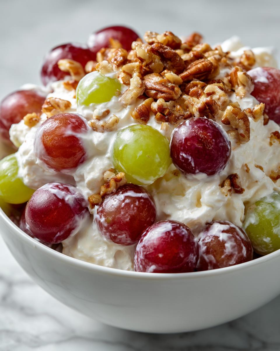 Close-up of creamy chicken salad chick grape salad mixture topped with red and green grapes and chopped pecans.