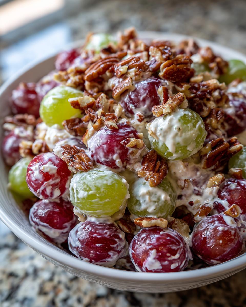 Close-up of creamy chicken salad chick grape salad featuring red and green grapes coated in dressing and topped with chopped pecans.