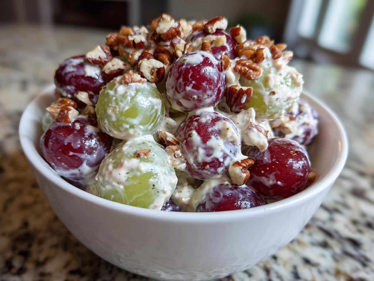 A white bowl filled with creamy chicken salad chick grape salad, topped with chopped pecans.