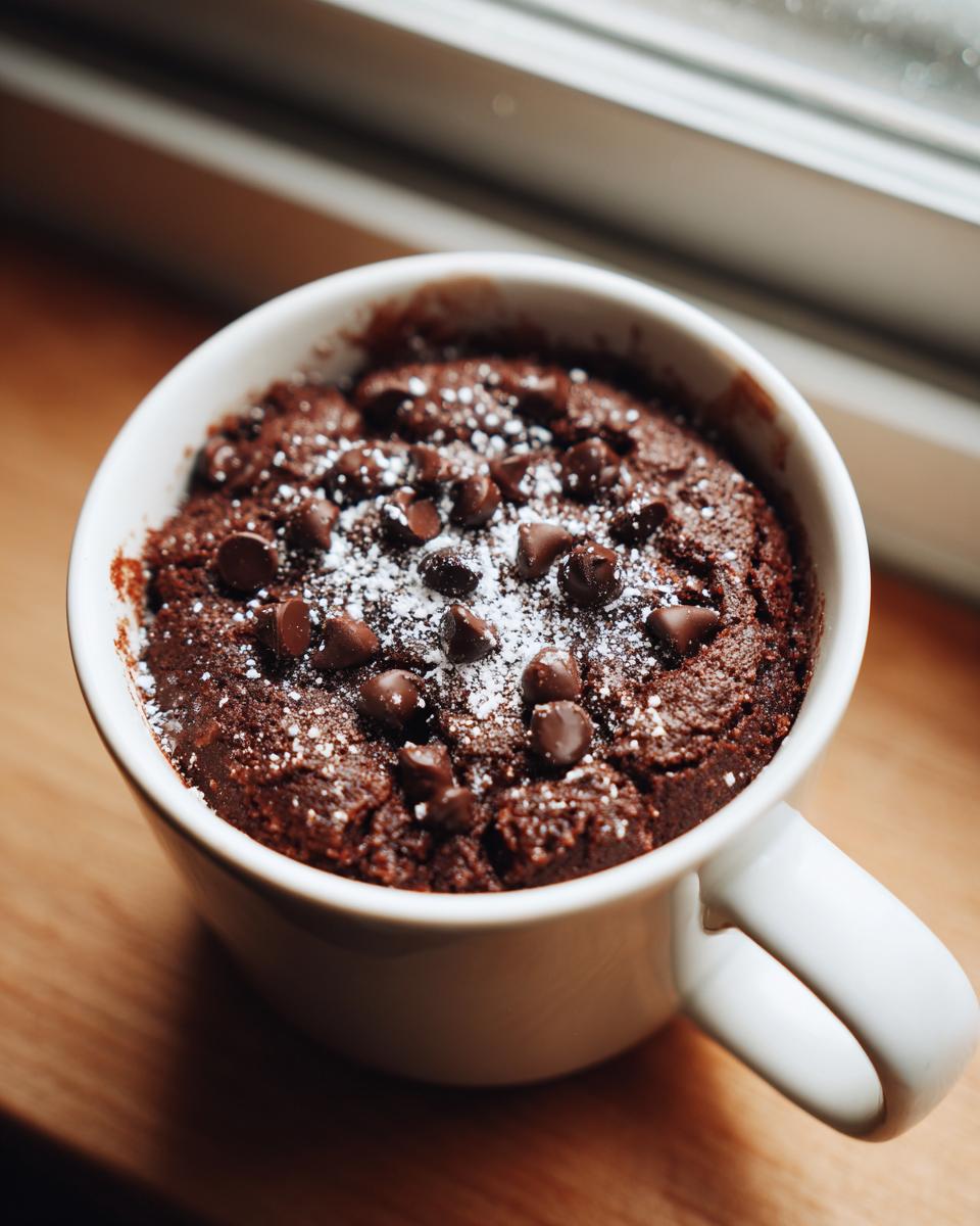 Close-up of a rich, dark chocolate mug cake topped with chocolate chips and powdered sugar.