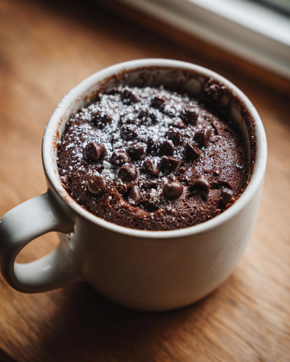 Close-up of a rich chocolate mug cake topped with chocolate chips and powdered sugar.