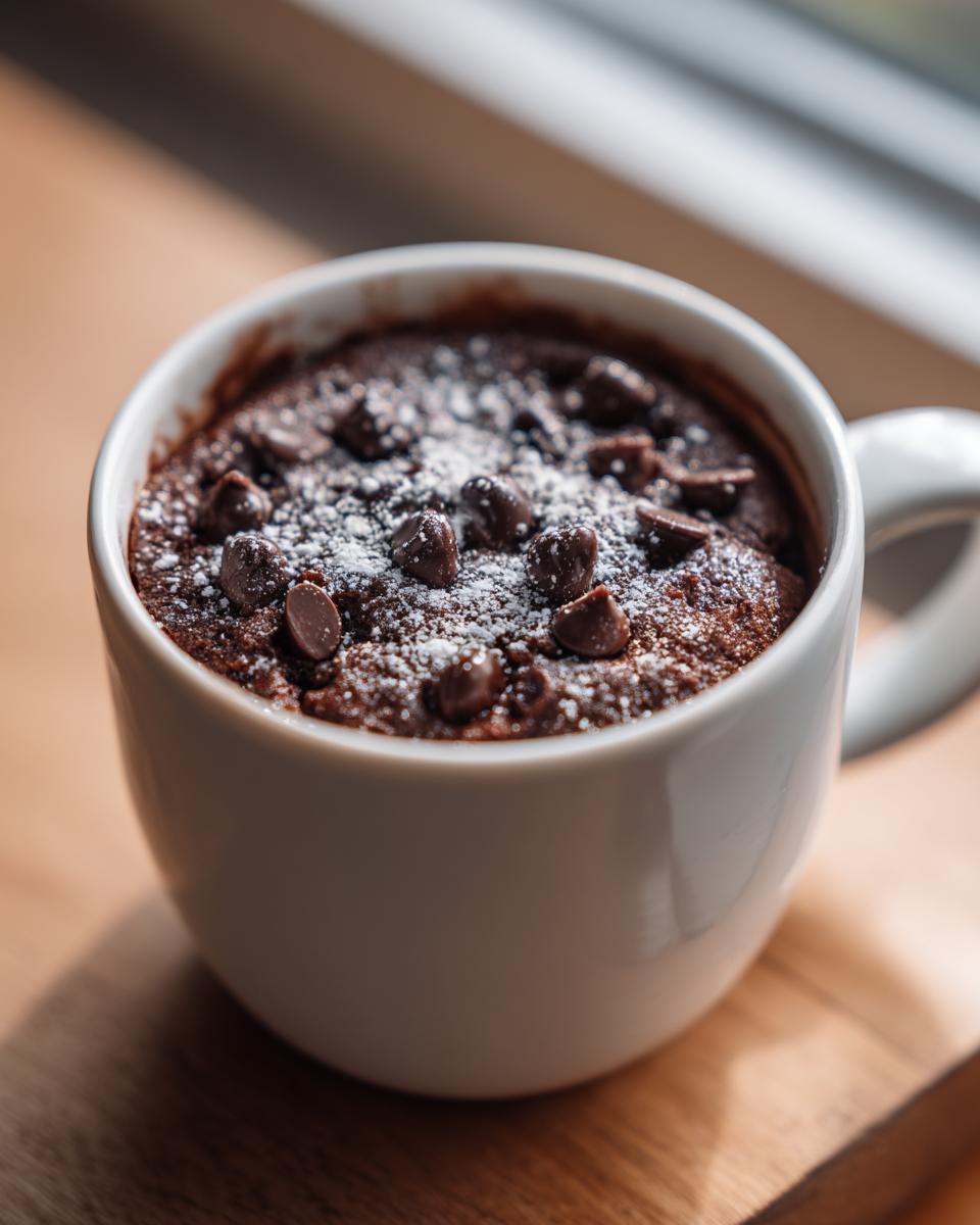Close-up of a rich chocolate mug cake topped with chocolate chips and powdered sugar.