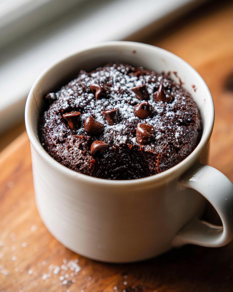 Close-up of a rich chocolate mug cake topped with chocolate chips and powdered sugar.