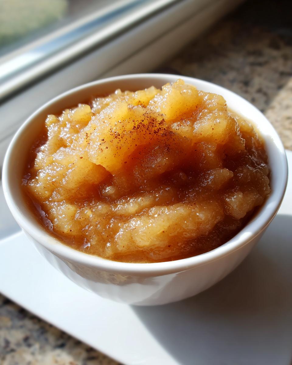 A close-up of chunky homemade applesauce served in a white bowl, lightly dusted with cinnamon.