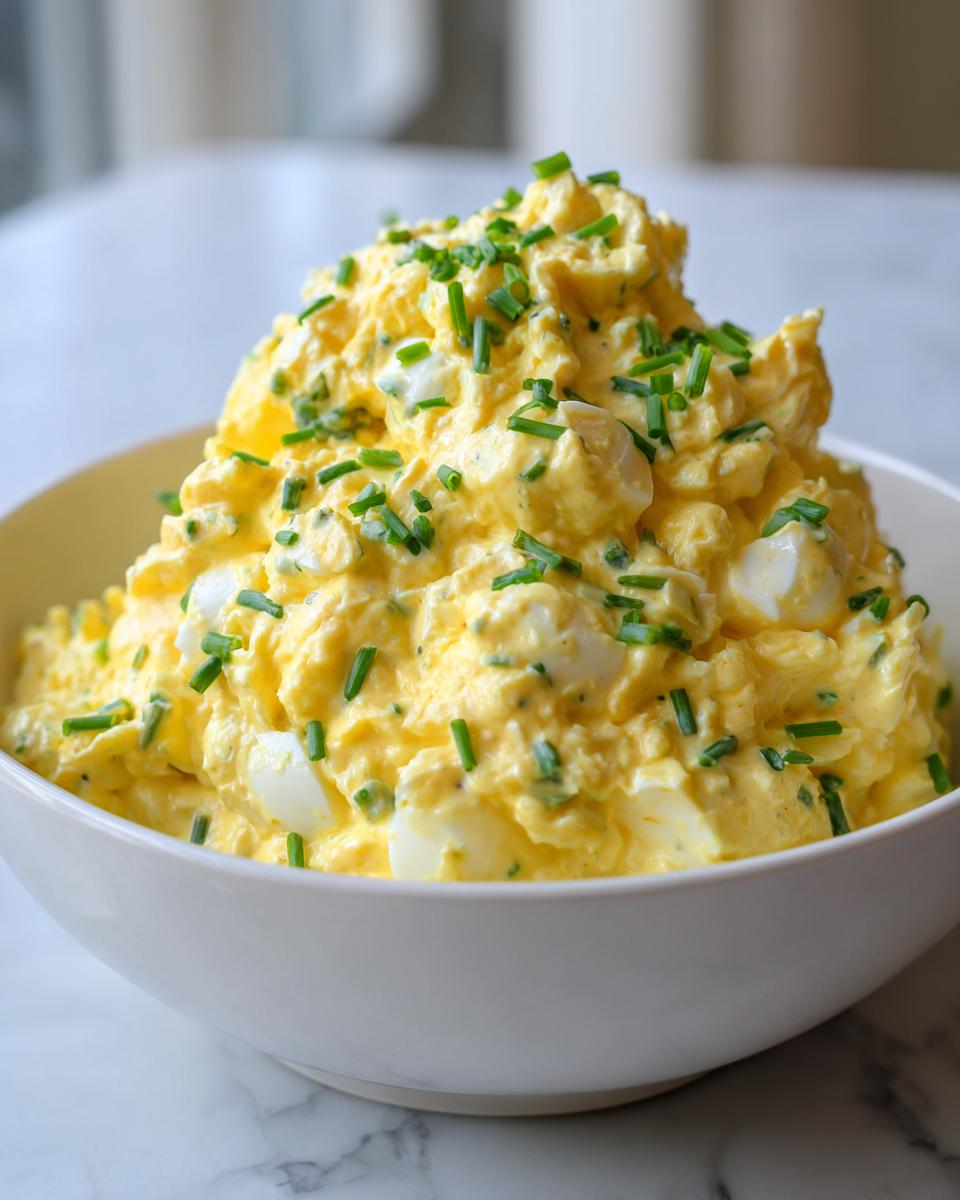 A generous mound of creamy, yellow egg salad recipe topped with freshly chopped green chives in a white bowl.