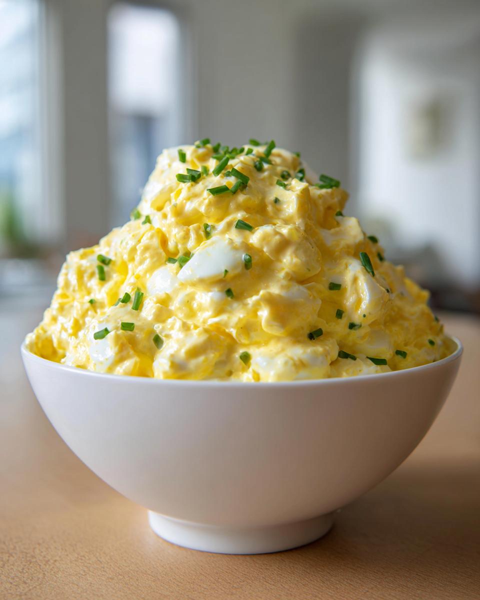 A large mound of creamy, yellow egg salad recipe topped with fresh chopped chives in a white bowl.