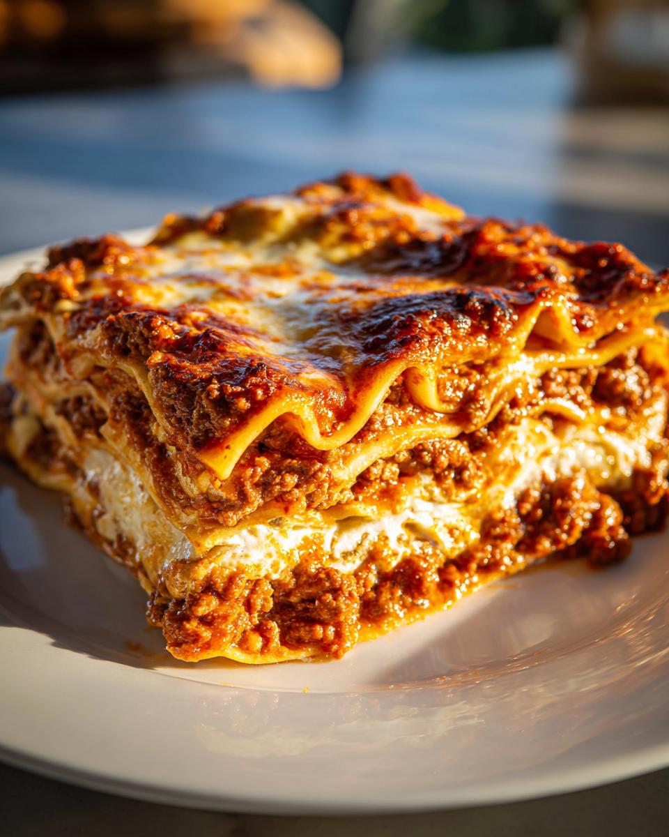 A close-up, appetizing slice of classic lasagna showing layers of pasta, rich meat sauce, and cheese.