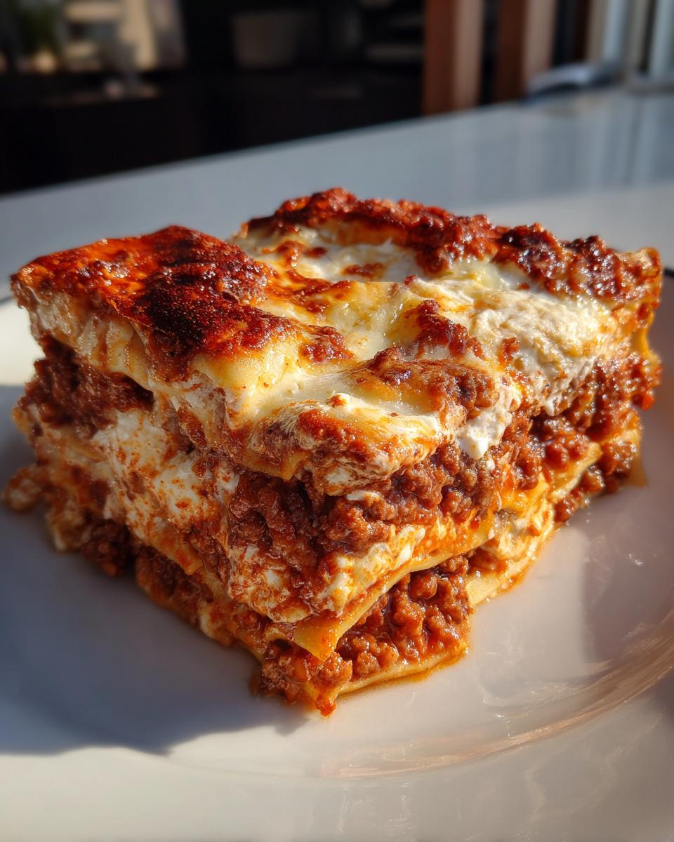 A thick, perfectly baked slice of classic lasagna showing rich meat sauce and melted cheese layers.