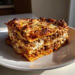 A thick, layered slice of classic lasagna with rich meat sauce and melted cheese, served on a white plate.