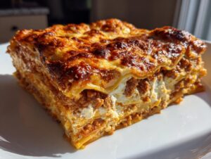 A thick, perfectly layered slice of classic lasagna showing rich meat sauce and creamy cheese filling, topped with browned cheese.